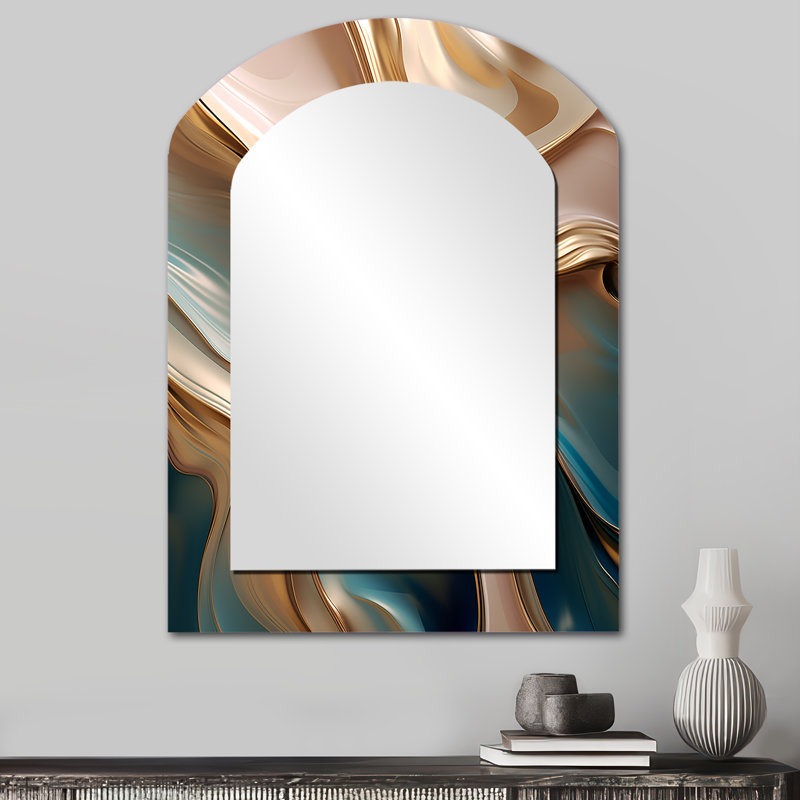 Tender Wave Harmony or liquide et turquoise I - grand miroir asymétrique de formes abstraites, miroir mural décoratif arche moderne, impression d'art en métal
