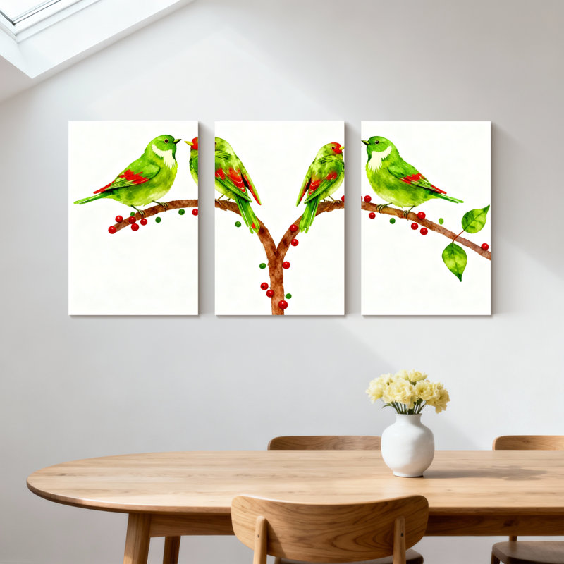 «Birds Green Birds on Berry Branch», ensemble de 3 impressions sur toile, H 24 po x l 48 po