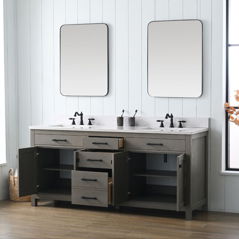Ensemble de meuble-lavabo double 72 po Ajiya, Carrare blanc, Gris texturé / noir mat