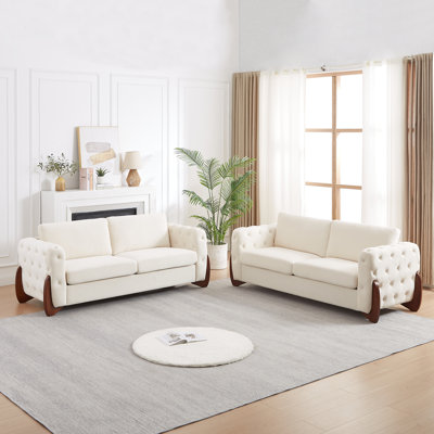 Beige 2-Piece Button-Tufted Velvet 3-Seater Sofa Set with Brown Rubberwood Legs