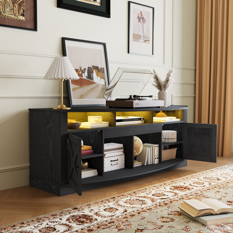 70" Farmhouse TV Stand, Modern Media TV Console Table With Timeless Barn Doors & Storage Cabinets, Black
