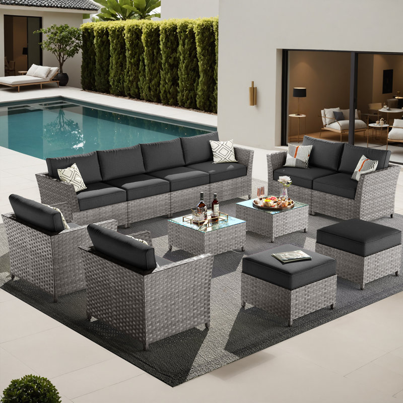 Cassville 8 - Person No Assembly Required Outdoor Conversation Set, Patio Wicker Sectional Seating Group with Cushions, All Weather Sofa Set with Optional Fire Pit Table for Garden Backyard