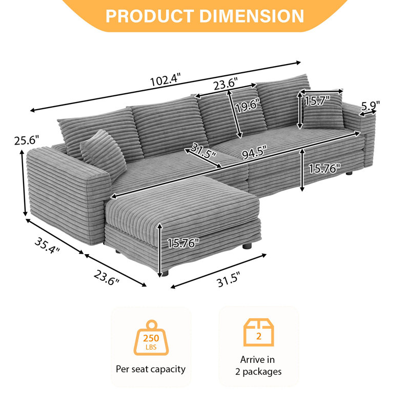 3-Piece Modular Sectional Sofa 102.4" Wide Deep Seat Plush Corduroy Couch With Upholstered Ottoman For Living Room, Apartment