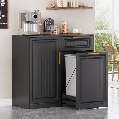 13 Gallons Pull Out Trash Can Cabinet with Storage, Freestanding Kitchen Trash Cabinet with Drawer & Adjustable Shelf, Pet Proof Hidden Trash Bin Holder for Kitchen, Laundry, Living Room, Black