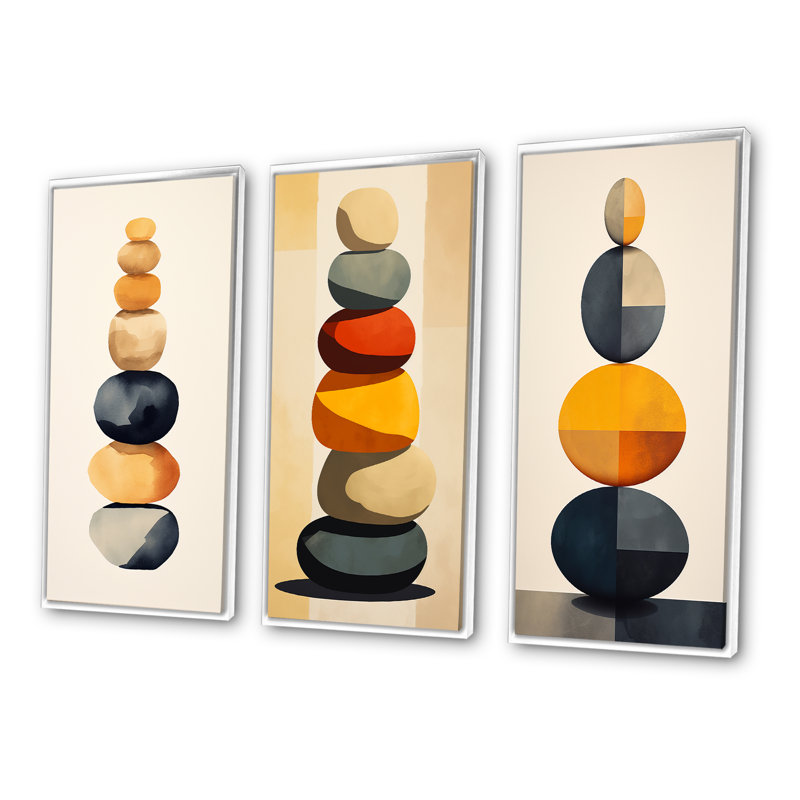 Ensemble de 3 pièces Spiritual Stone Art - équilibrage visuel des roches, Cadre flottant blanc, H 28 po x l 36 po