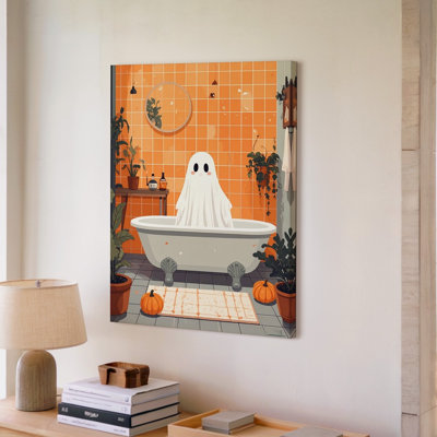 Toile, art mural, scène de salle de bain sur le thème d'Halloween, avec un fantôme blanc dans une baignoire entourée d'une qualité supérieure prête à être accrochée