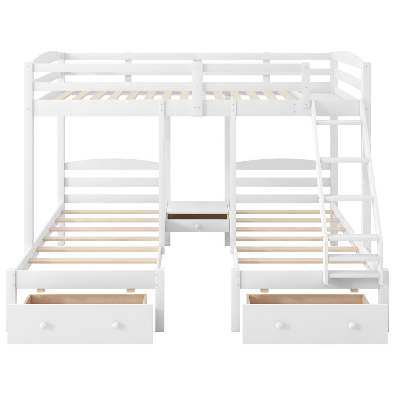 Lit superposé triple moderne en bois massif Ilen avec tiroirs de rangement, tablettes et rails de sécurité