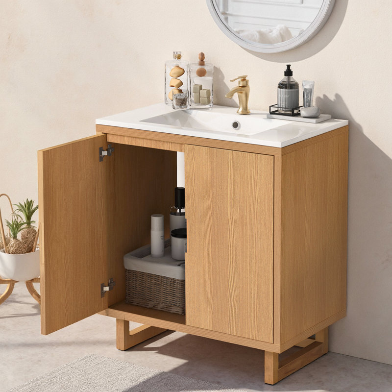 Ensemble de meuble-lavabo 30 po avec lavabo en résine, armoire en bois massif avec portes à fermeture en douceur, pieds en bois massif, rangement sous le comptoir, trou de robinet simple, style transitionnel pour petite salle de bain