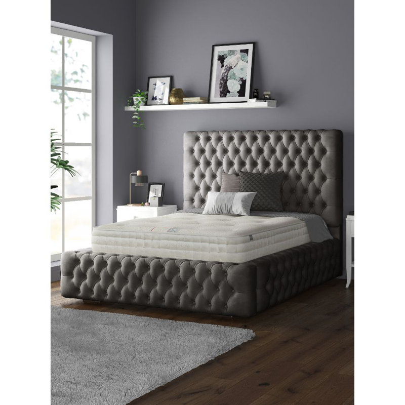 Clovis Upholstered Bed, Double (4'6), Grey, Plush Velvet