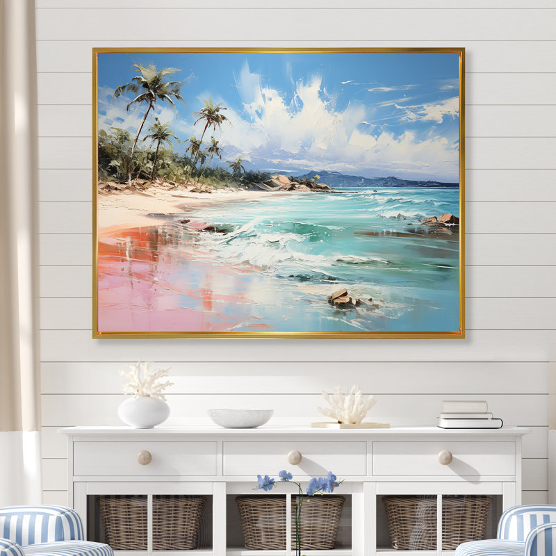 «Green Tropical Beach Escape III» - art mural bord de mer tropical, Cadre flottant doré, H 30 po x l 40 po x P 1,5 po