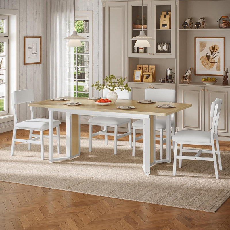 5-Piece Dining Table Set For 4-6 People, 63" Extendable Kitchen Table And 4 Cushion Chairs, Dining Room Table With Mdf Board & Metal Frame For Small Space, Easy Clean