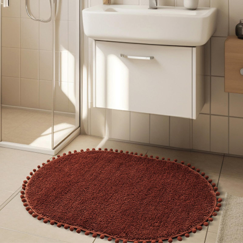 Yirddeo Bath Mat Oval Rug With Pom, Boho Rugs For Bedroom And Bathroom With Non Slip, Single- 36" L x 24" W, Terracotta
