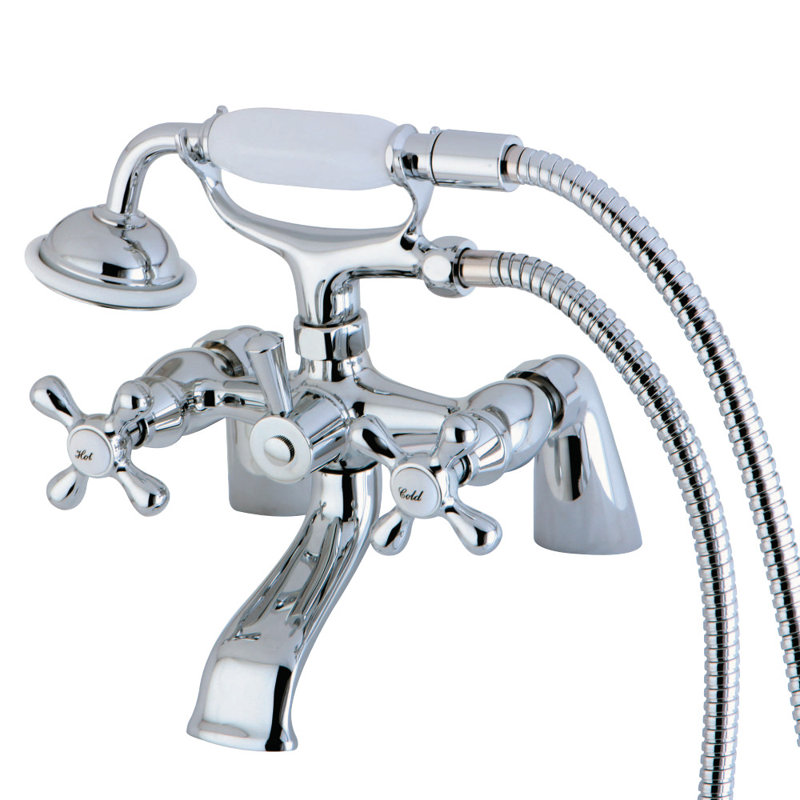 Kingston Brass Kingston Three-Handle 2-Hole Deck Mount Clawfoot Tub Faucet with Hand Shower, Polished Chrome