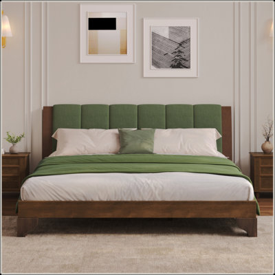 Cadre de lit en bois de pin de qualité supérieure, cadre de lit avec tête de lit inclus, lit Mid-Century moderne