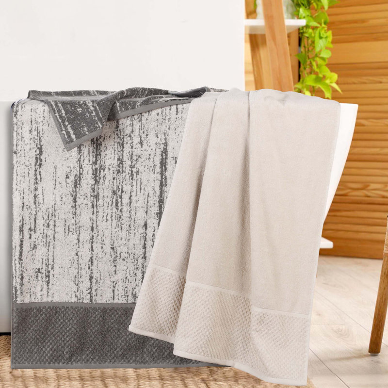 Superior Lodie Cotton Plush Soft Absorbent Jacquard Solid and Two-Toned Bath Sheet, Ivory/Charcoal