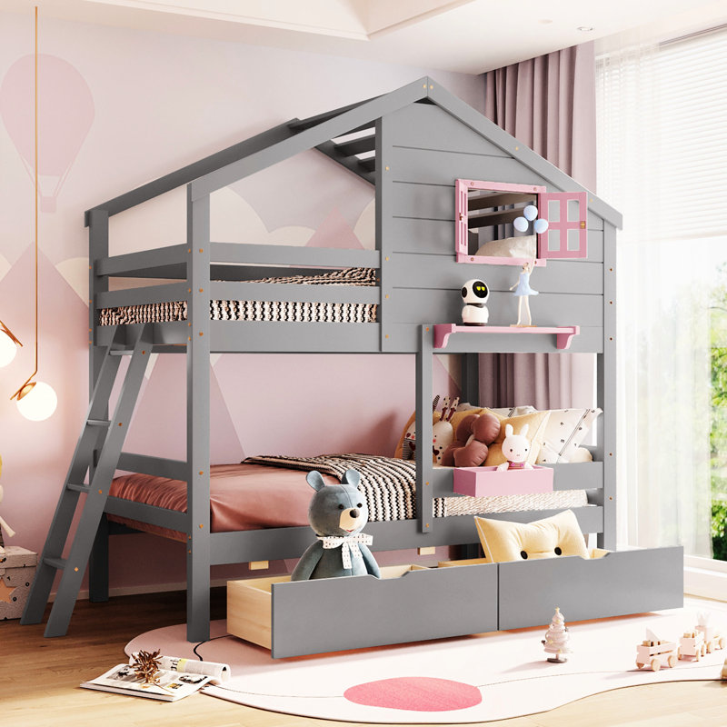 Twin Over Bunk Bed In Gray. Includes 2 Drawers, Storage Box, Shelf & Window. Solid Wood. For Older Than 6 Comes With Wood For Stability. Years And Above