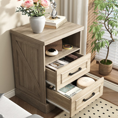 Table de chevet de style campagnard à 2 tiroirs avec station de recharge et étagère de rangement ouverte, 45 cm de large