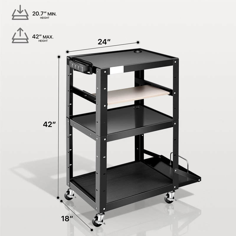 Rolling Computer Cart With Power Strip, 3-Tier Utility AV Cart With Wheels, Keyboard Tray, CPU Stand, 42" H x 24" W x 18" D