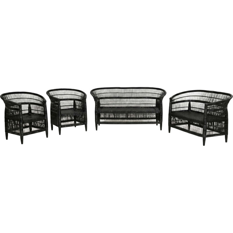 100% Handwoven Natural Rattan 4-Piece Indoor Seating Set with 2 Chairs, Loveseat, and 3-Seater Settee, Solid Wood Frame, Boho Farmhouse, Authentic African Craftsmanship