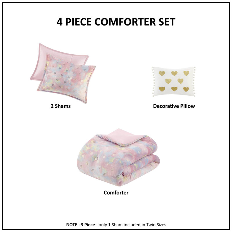 Twin Pink Multi/Gold Microfiber Plush Comforter Set with Hearts