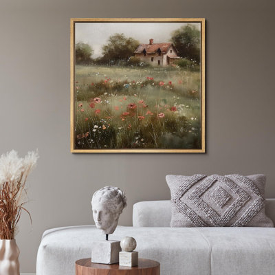 Wildflowers " Vintage Pastoral Solitude Cottage Amidst Wildflowers Illustrations Rustic French Country " Print