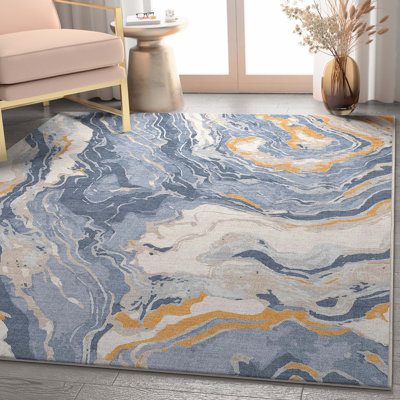  Abstract Harmony Modern Marble Blue Gold Flat-Weave Area Rug