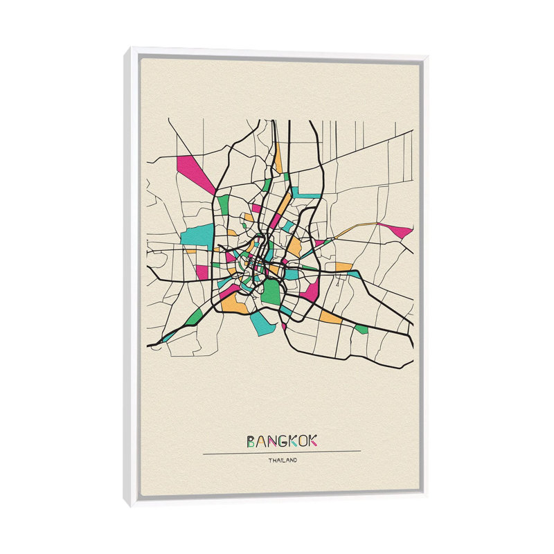 Bangkok, Thailand Map by Ayse Deniz Akerman - Print on Canvas, 66.04 cm H x 45.72 cm W, White Floater Frame