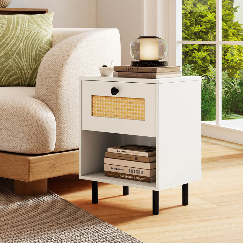 2 PCS Rattan Nightstand Boho End Table with Drawer & Open Shelf for Living Room White, Set of 2, White