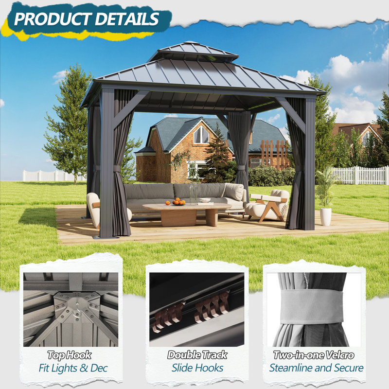 10 ft x 10 ft Black Aluminum Frame Gazebo with Curtains and Netting