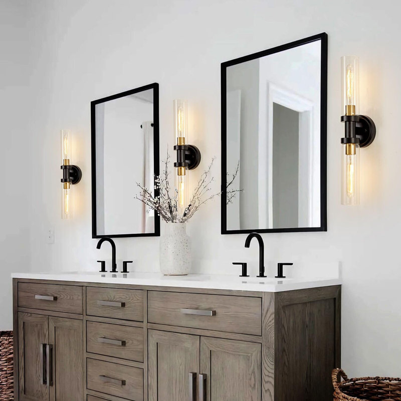 Hardwired Wall Sconces Set of 2, Bathroom Sconces Dimmable Vanity Light Fixture with Clear Glass, Black and Gold Farmhouse Wall Lights for Bathroom Mirror Living Room Hallway Kitchen