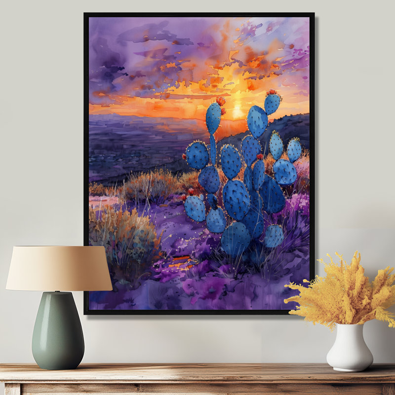 Cactus vert, désert, coucher de soleil I - art mural floral cactus, Toile avec cadre flottant noir