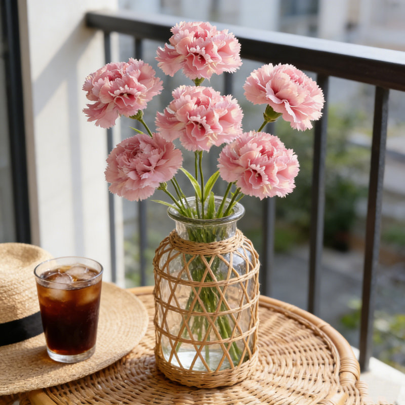 6 œillets fleurs artificielles avec tiges, Rose
