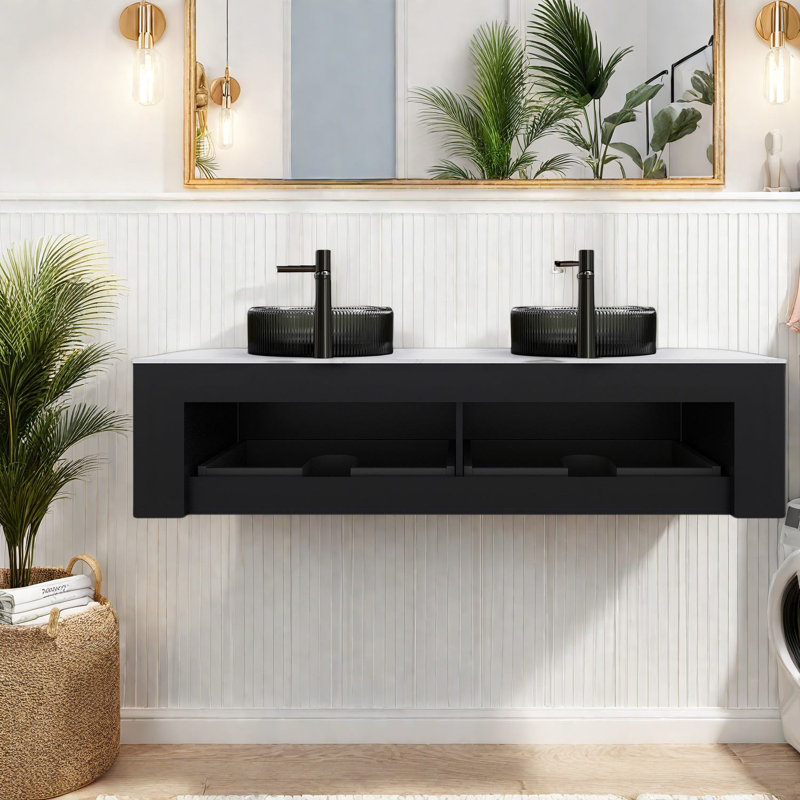 Meuble-lavabo moderne noir et lavabo, solution de rangement élégante