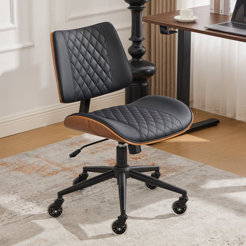 Modern Executive Armless Office Desk Chair with Bentwood Backrest, Premium Leather, Silent Wheels, Easy Assembly, Black