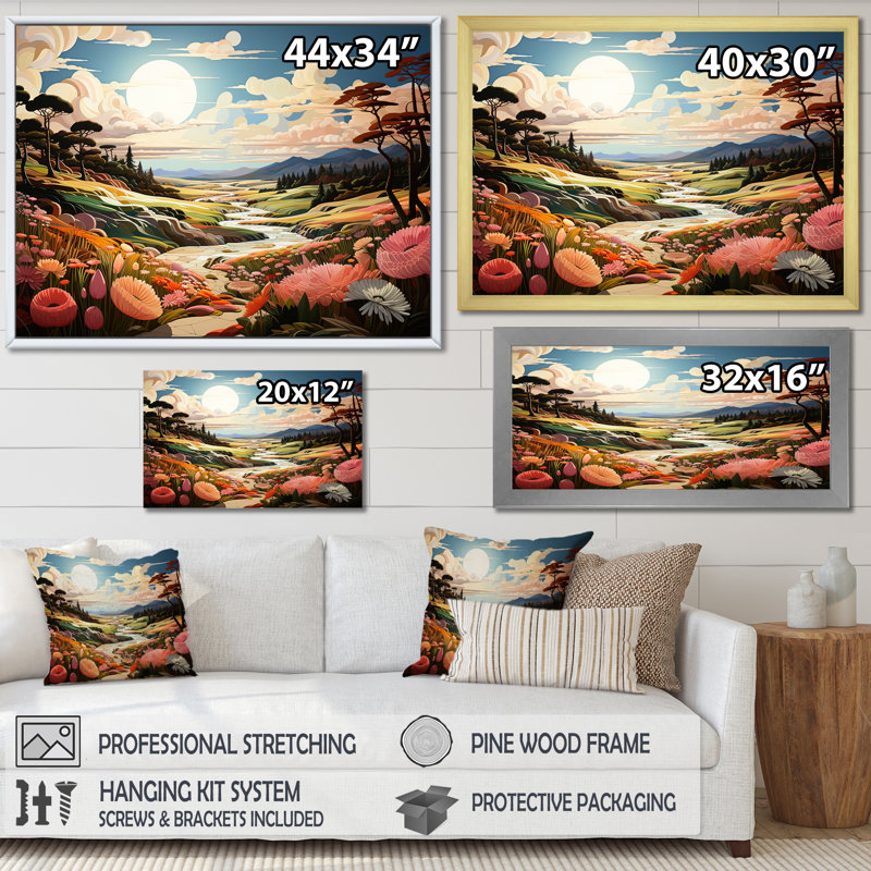 Paysage de rivière cubique, Cadre simple noir, H 16 po x l 32 po x P 1 po