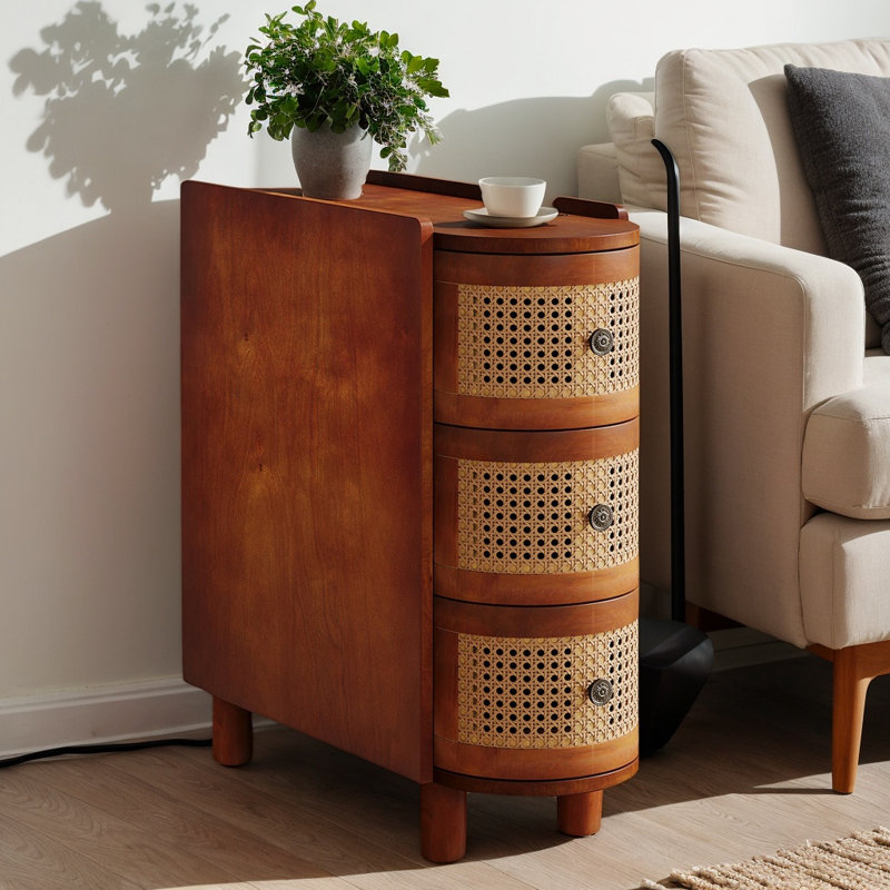 Table de bout en bois avec 3 tiroirs en rotin, petite table d'appoint et table de chevet pour le salon et la chambre à coucher