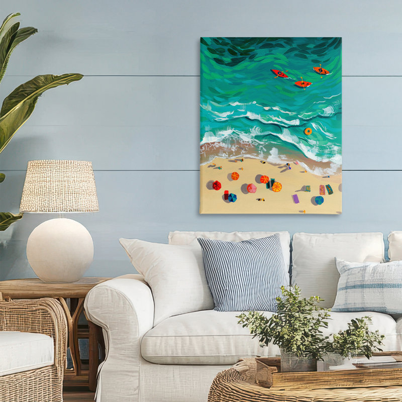 Trois kayaks dans une toile à vagues turquoise, design par Brook Page, H 30 po x l 24 po