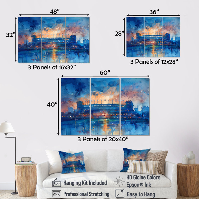 «Blue Orange Footbal Stadium At Night - Stades», ensemble de reproduction d'art mural, Toile tendue