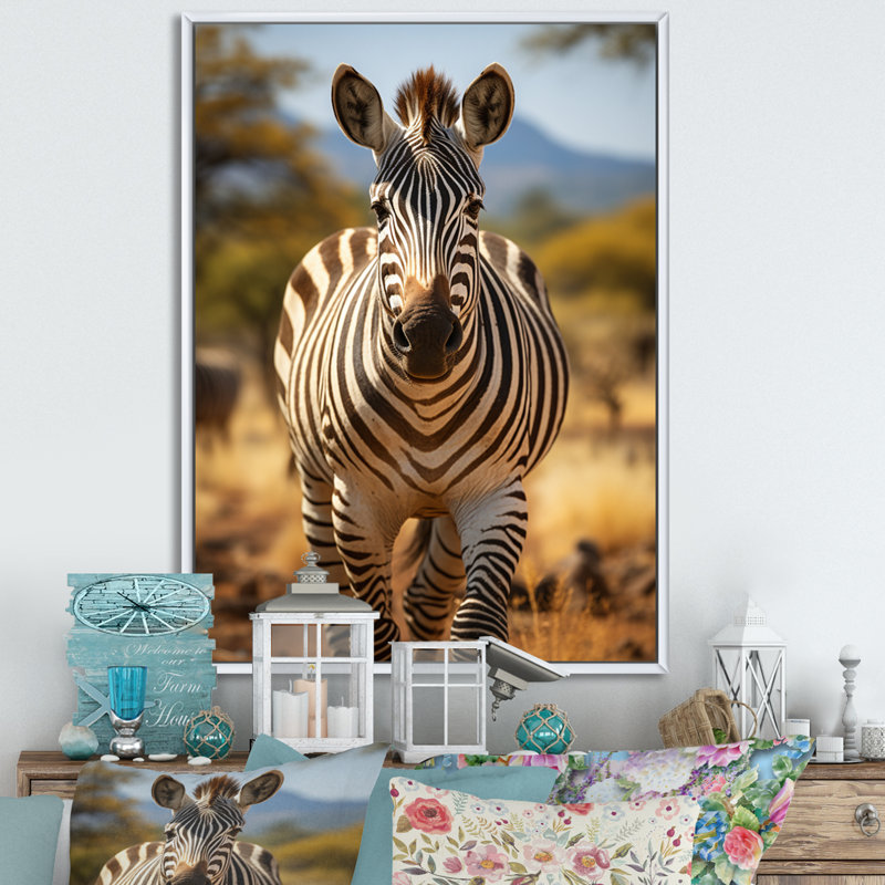 Reproduction sur toile, "Zèbre marchant en Afrique II", H 32 po x l 24 po x P 1 po, Cadre flottant blanc