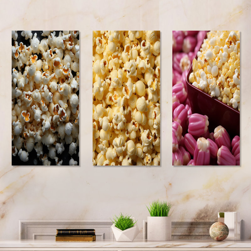 «Silver Screen Popcorn Elegance I», ensemble de 3 reproductions d'art mural Popcorn, H 28 po x l 36 po, Toile tendue