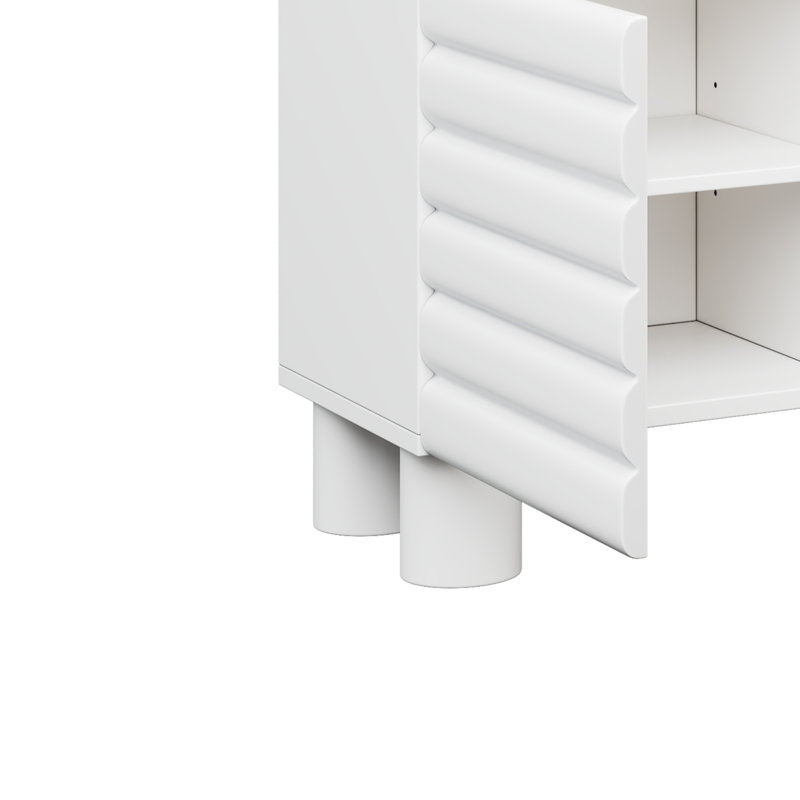 Modern Winter White Wavy-Door Media Storage Console with Adjustable Shelves & Cylindrical Legs, Fits TVs up to 75", White