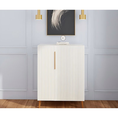 Contemporary Sideboard In White With Gold Handles For Dining Room Function And Organization, Minimalist Look, Enclosed Open Storage, Solid Legs, Ideal Small Areas Kitchen Handles, Modern Style,