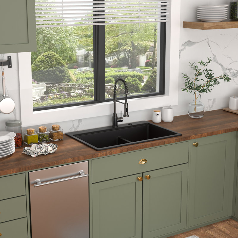 33"L x 22"W Workstation Quartz Kitchen Sink Black Drop In Double Bowl Granite Composite Kitchen Sink with Cutting Board,Roll-up Rack