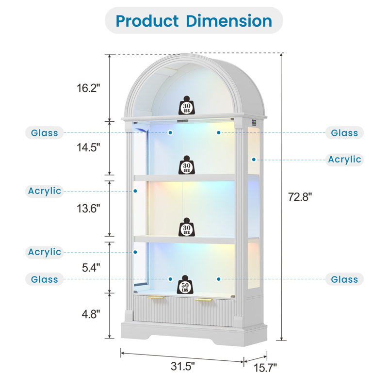 72" H  Arched China Cabinet with Glass Door ,4-Tier Curio Cabinet with RGB & Human Body Sensor, White