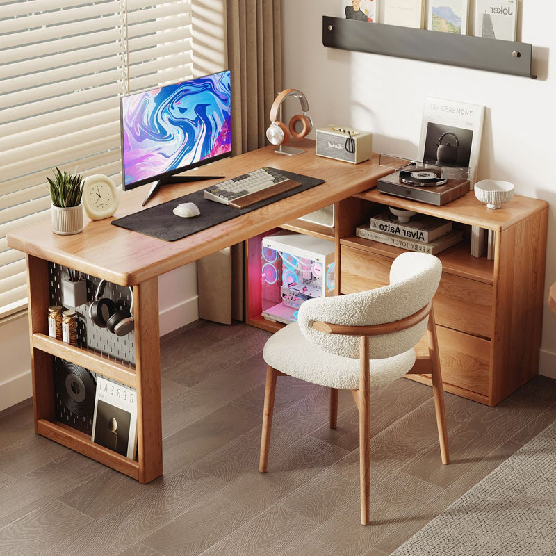 Bureau en bois massif brun en forme de L avec 4 tiroirs, 29.53" H x 70.87" W x 21.65" D, Right Hand Return