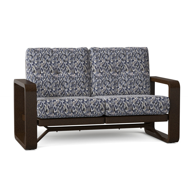 Vale 60.5'' Wide Aluminum Loveseat with Cushions, Chestnut Brown, Fairview Indigo Abstract Sunbrella®