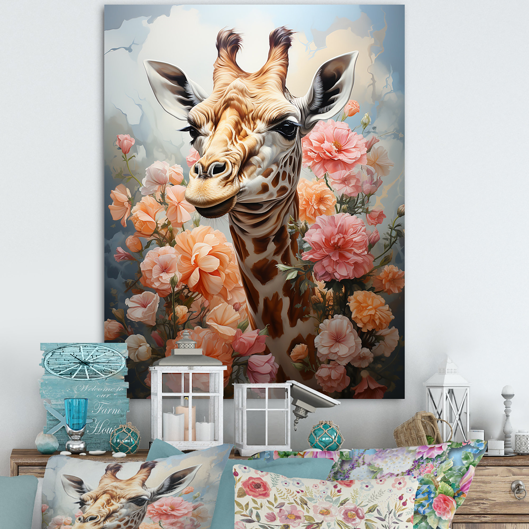 Bungalow Rose Cute Pink Floral Giraffe Portrait - Giraffe Canvas Prints ...