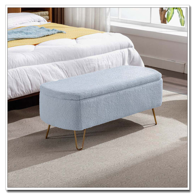 Banc de rangement rabattable en fausse fourrure avec pieds dorés, Bleu