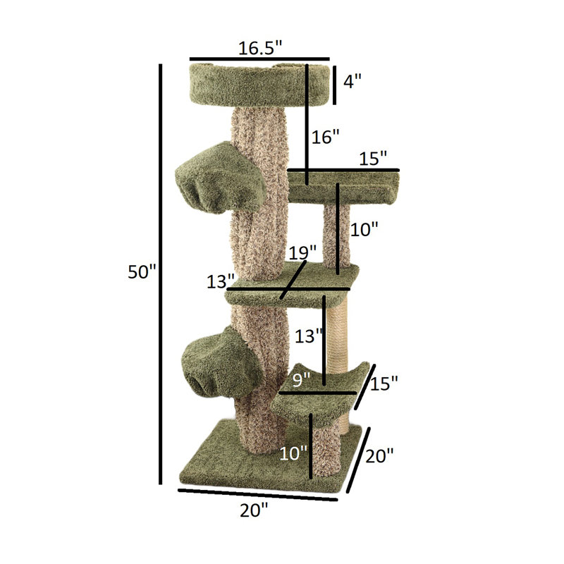 Green and Beige Solid Wood Cat Tree with Sisal Rope