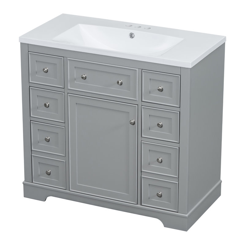 Meuble-lavabo de 36 po avec lavabo en bois massif gris et armoire à 6 tiroirs avec tablette réglable, Grey